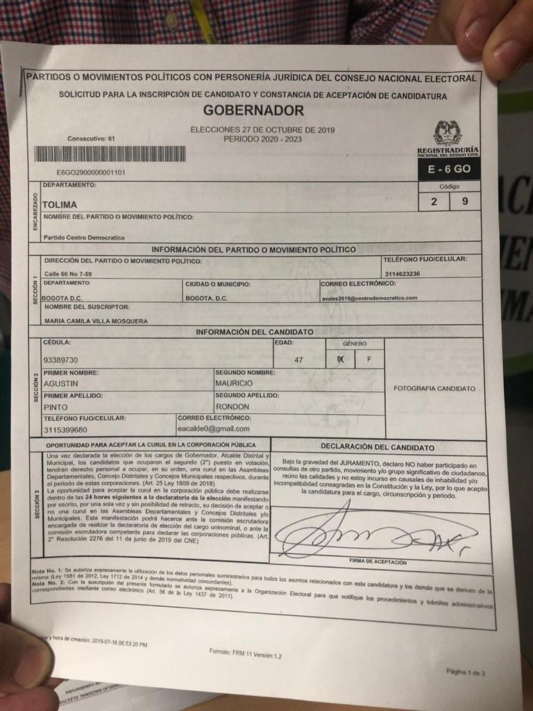 Sin comité de aplausos Mauricio Pinto se inscribió como candidato a la Gobernación 12