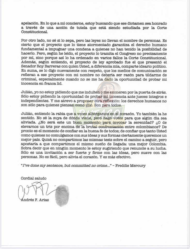 Exministro Andrés Felipe Arias envió carta abierta al actor Julián Román 10