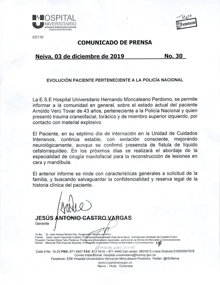 Médicos tendrán que reconstruirle el rostro a policía herido en Neiva 4