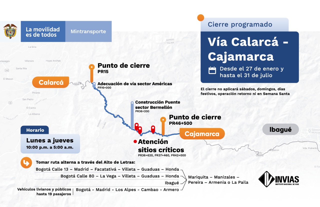 Estas son las rutas alternas debido al cierre nocturno en el corredor Cajamarca – Calarcá 14