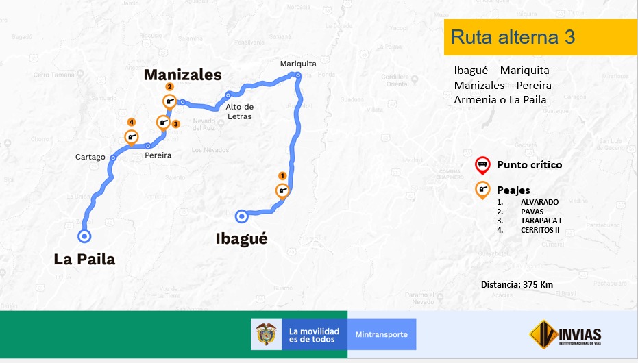 Estas son las rutas alternas debido al cierre nocturno en el corredor Cajamarca – Calarcá 17