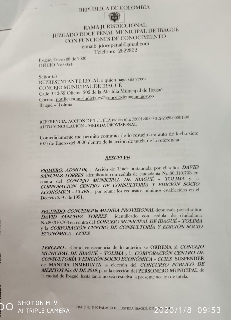 Tutela pide suspensión inmediata del proceso de Personero de Ibagué 4