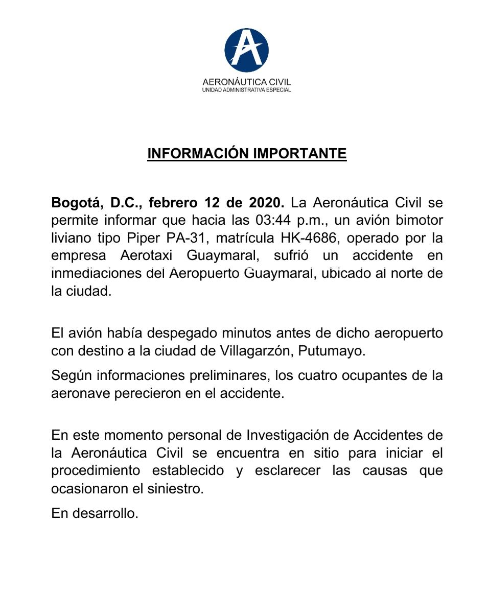 Al menos cuatro personas habrían fallecido en accidente de aeronave en Guaymaral 4