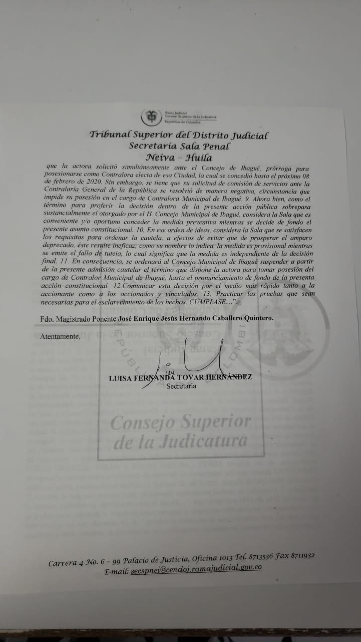 Acción de tutela congela la posesión de la nueva Contralora de ibagué 7