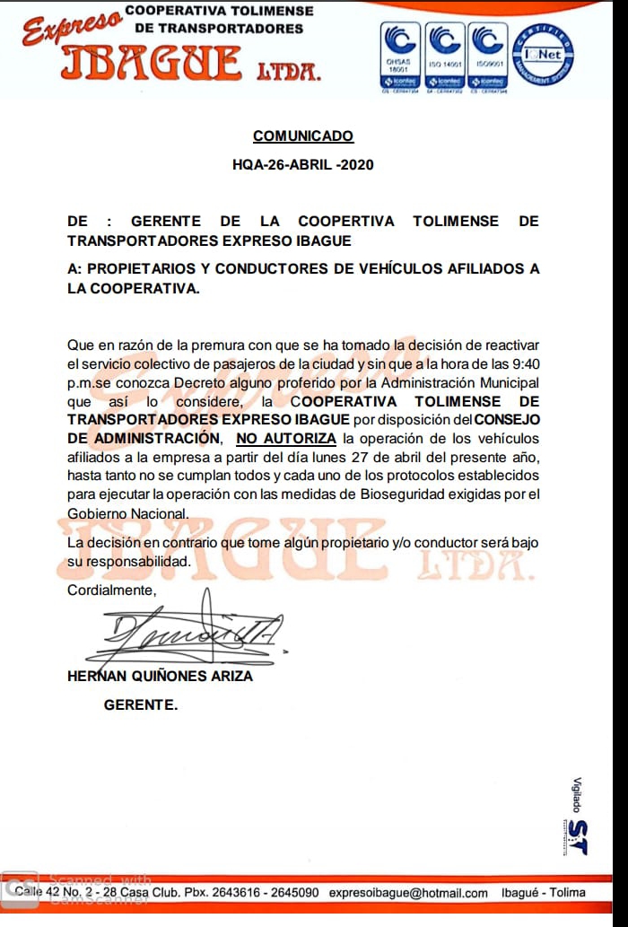 Expresso Ibagué no autorizó sacar las buseta, aún no entregaron el decreto. 4