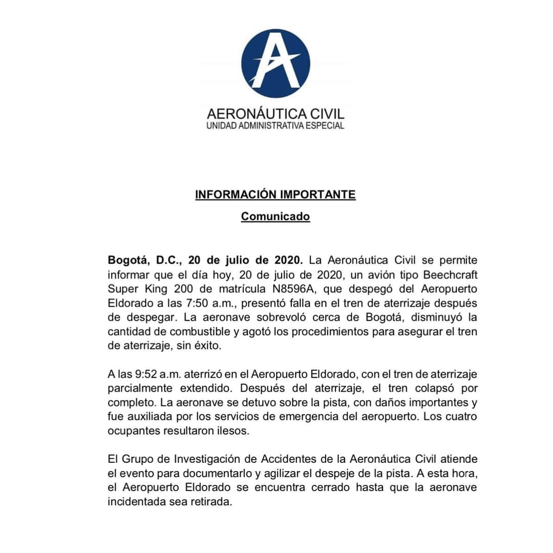 Aeronave aterrizó de emergencia en aeropuerto El Dorado 4