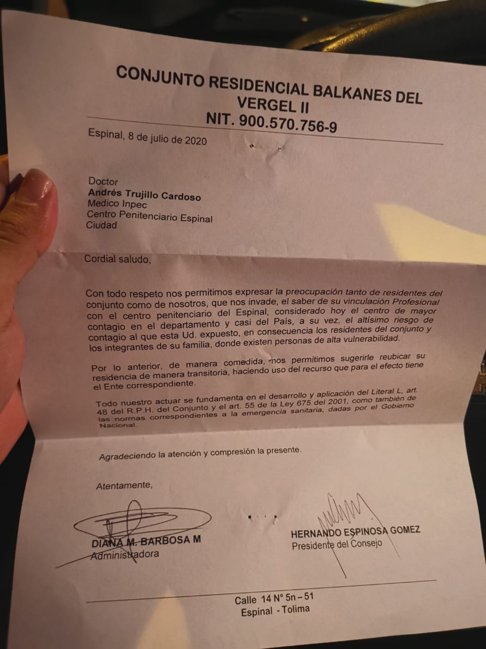 La carta que le pide a un médico irse de su casa en el Espinal 4