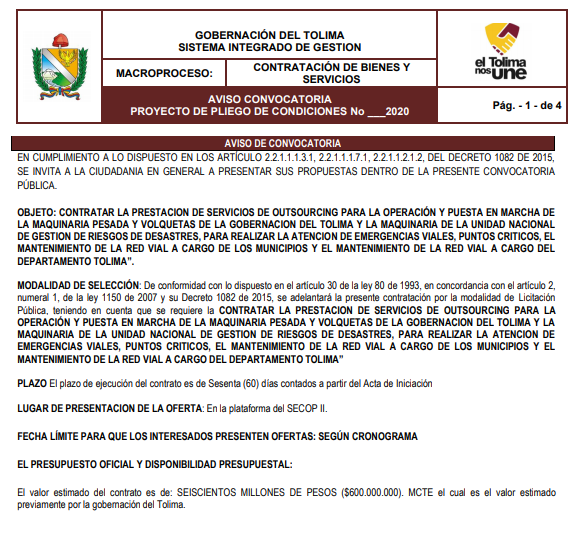 Gobernación del Tolima abrió licitación por $600 millones para contratar operadores de la maquinaria pesada por dos meses 4