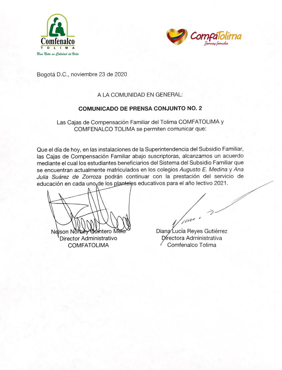 Comfenalco y Comfatolima firmaron finalmente el convenio de subsidio escolar para afiliados 4