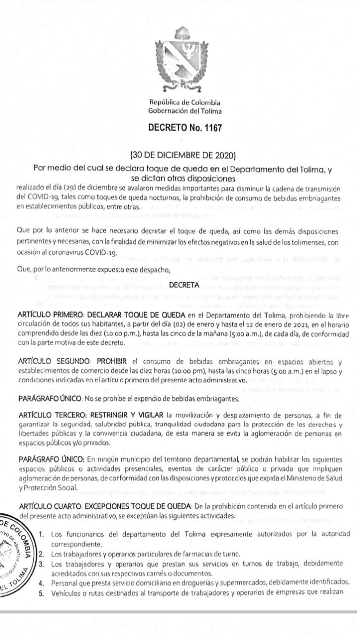 ¡Recuerde! A partir de hoy hasta el 12 de enero habrá toque de queda en el Tolima 4