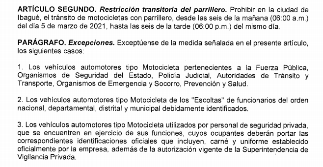 ¡Atención! Prohíben parrillero en Ibagué durante visita de Duque 4
