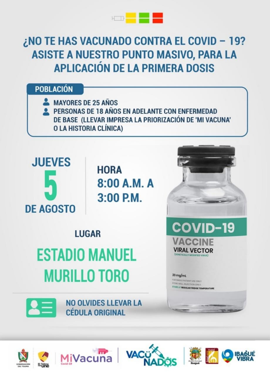 Este jueves vacunación para mayores de 25 años es en el estadio Murillo Toro 3
