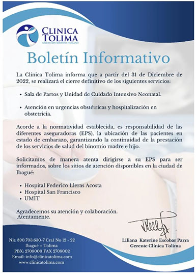Sala de Partos y UCI Neonatal de la Clínica Tolima cierra desde el 31 de diciembre 4