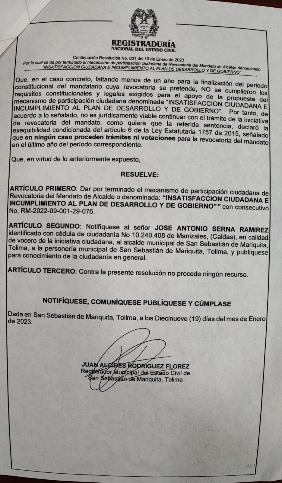 No prosperó revocatoria en contra del Alcalde de San Sebastián de Mariquita 7
