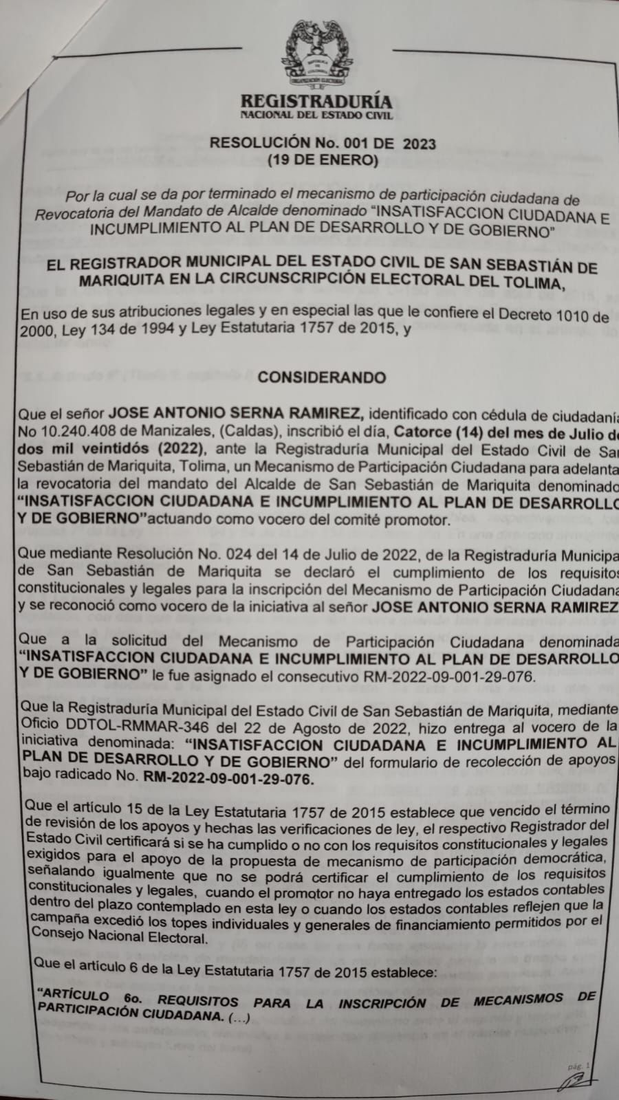 No prosperó revocatoria en contra del Alcalde de San Sebastián de Mariquita 6