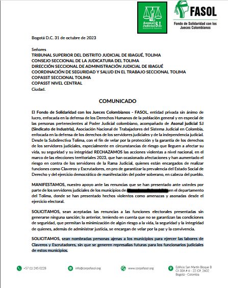 Asonal Judicial solicitó al Tribunal Superior acepte la renuncia de los funcionarios que están en los escrutinios 3