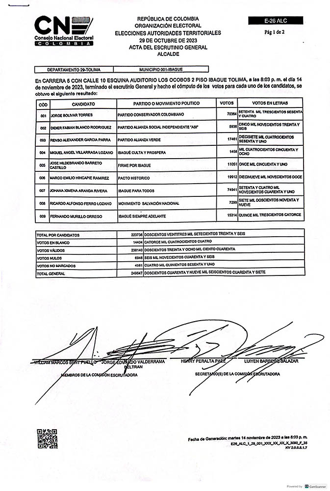 Johana Aranda, oficialmente Alcaldesa Electa de Ibagué 2