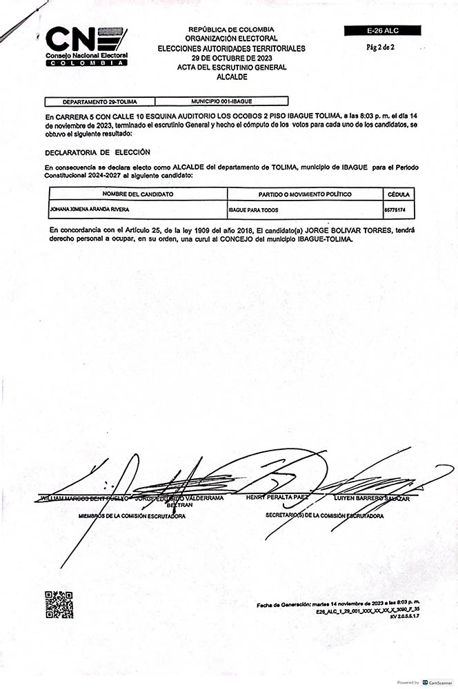 Johana Aranda, oficialmente Alcaldesa Electa de Ibagué 3
