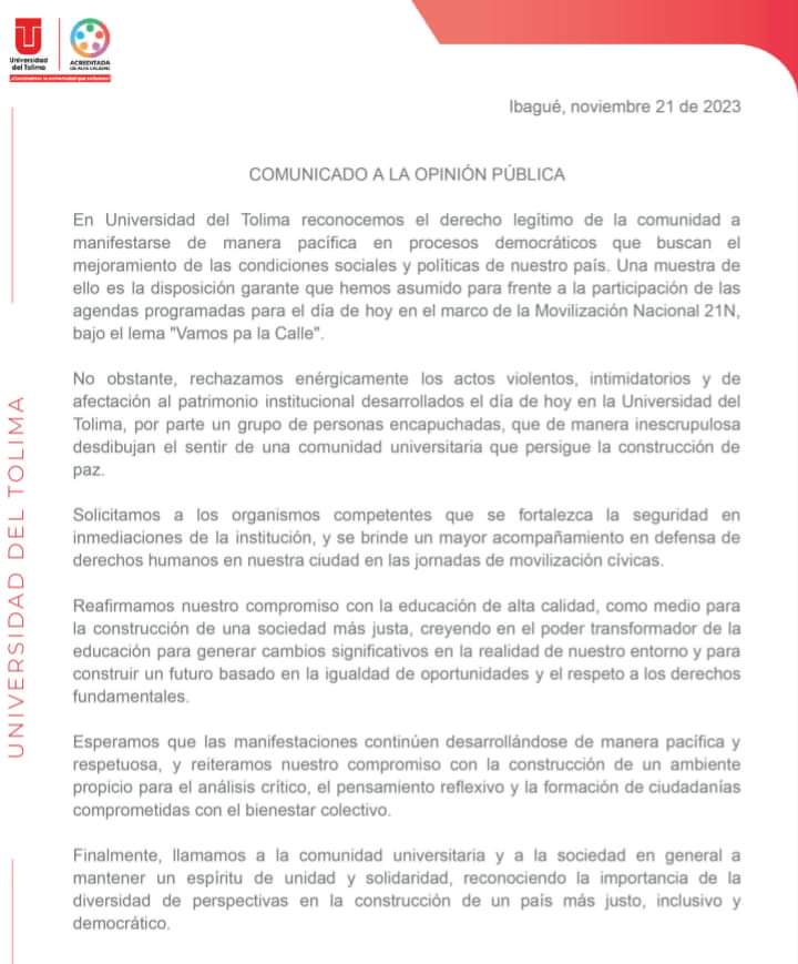 Universidad del Tolima rechaza los actos violentos y de afectación al patrimonio institucional 4