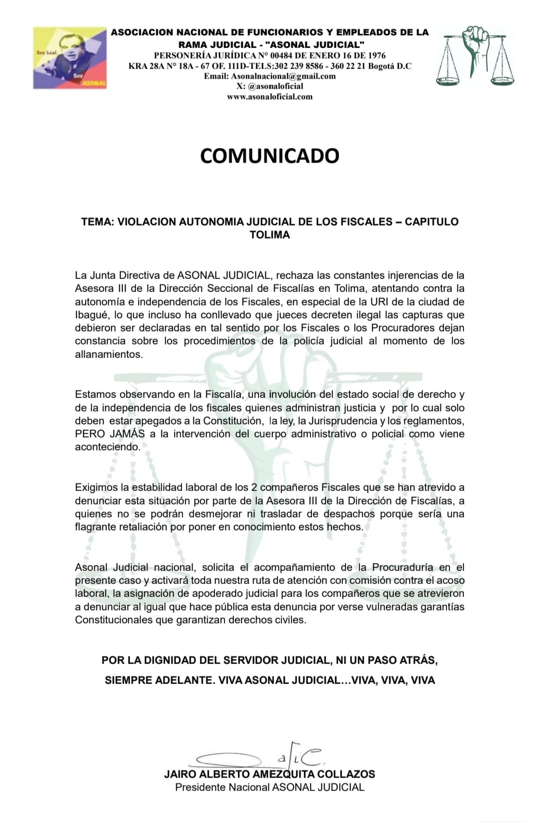 Asonal Judicial señala presiones y pide independencia y autonomía judicial de los Fiscales del Tolima 3