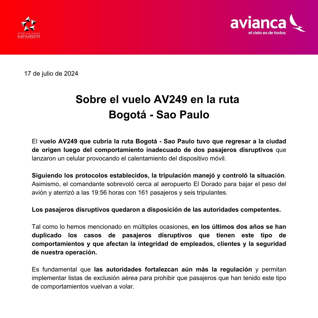 Incidente en vuelo Bogotá-Sao Paulo: la aeronave sobrevoló el cielo Tolimense por más de tres horas 7