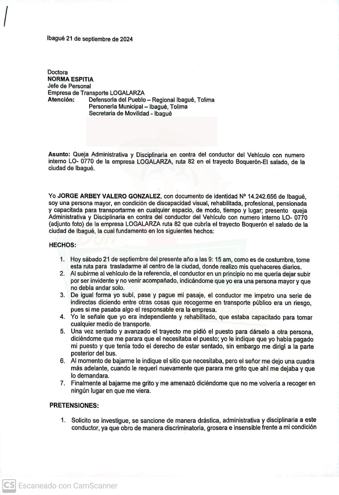 Ciudadano en condición de discapacidad visual se queja de discriminación de conductor de ruta 82 de Logalarza 2
