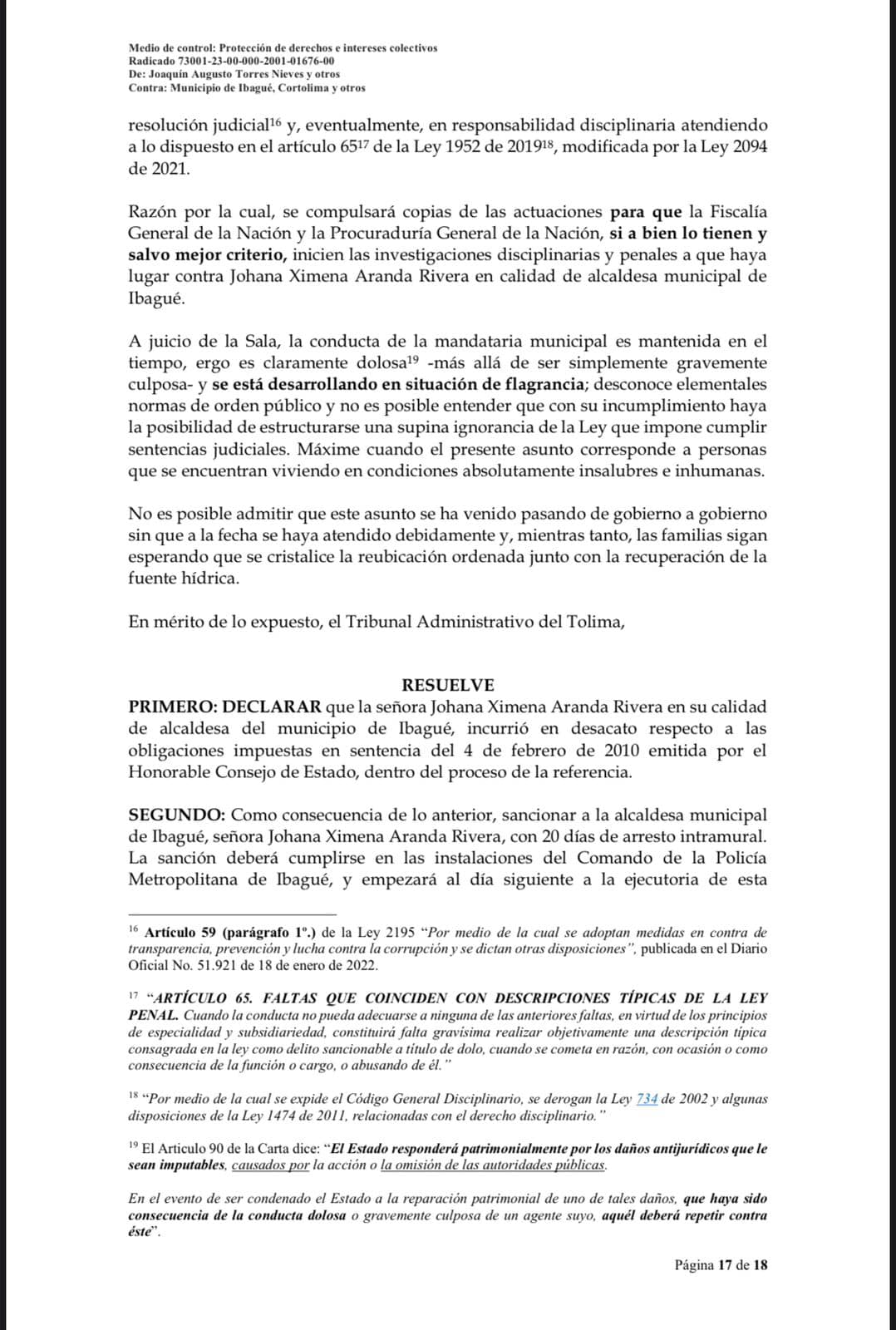 Alcaldesa de Ibagué, enfrentará 20 días de arresto por presunto desacato judicial 2