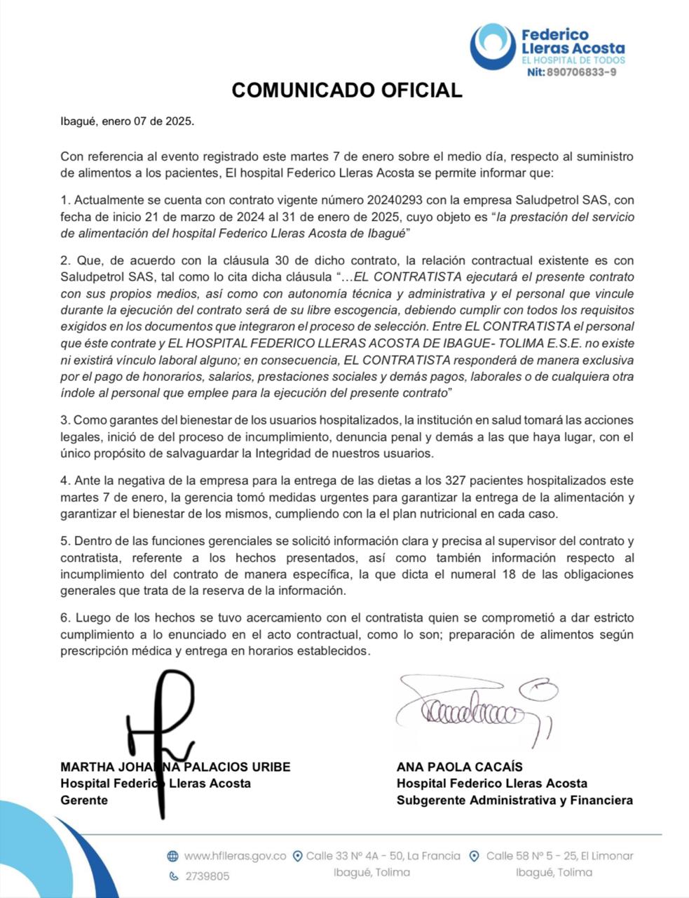 Contratista de alimentación del Federico Lleras se negó el martes a entregar dieta a 327 pacientes hospitalizados 4