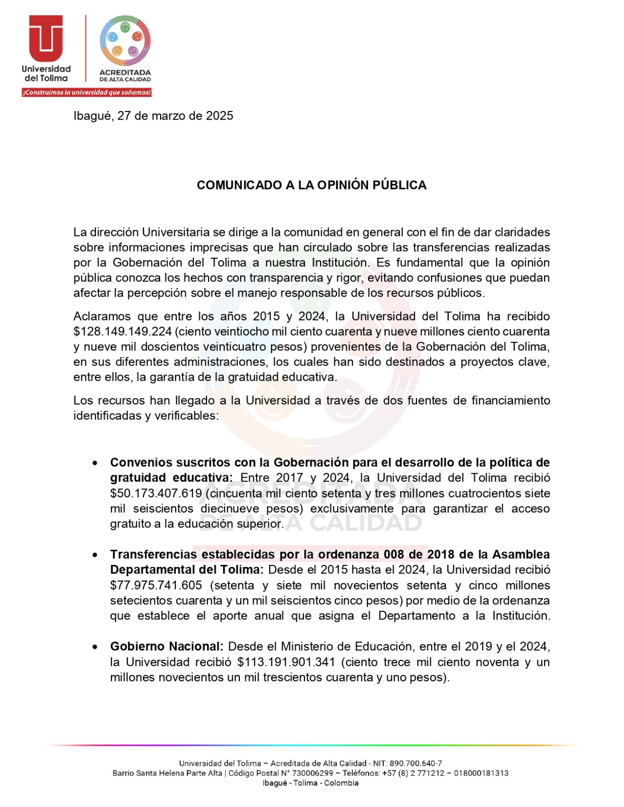 Universidad del Tolima desmiente cifras imprecisas sobre transferencias de la Gobernación 2