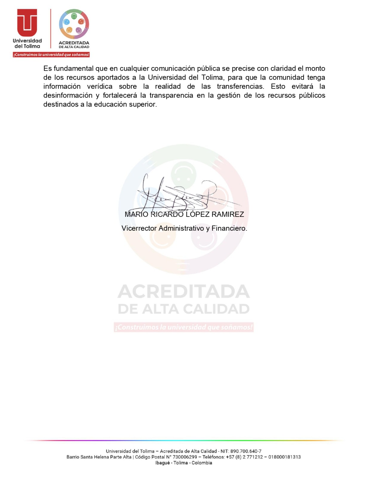 Universidad del Tolima desmiente cifras imprecisas sobre transferencias de la Gobernación 3