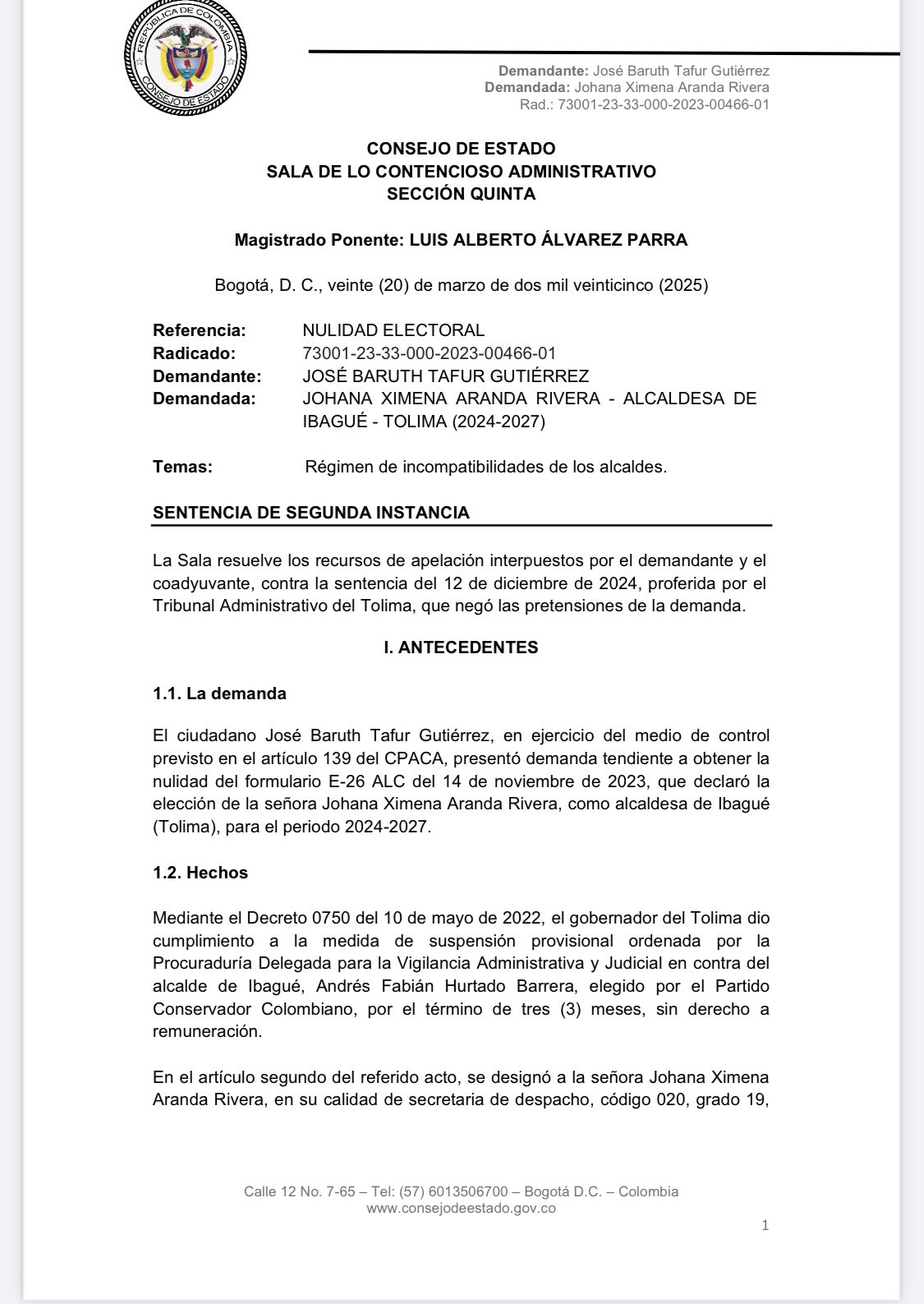 Johana Aranda sigue como alcaldesa de Ibagué 2