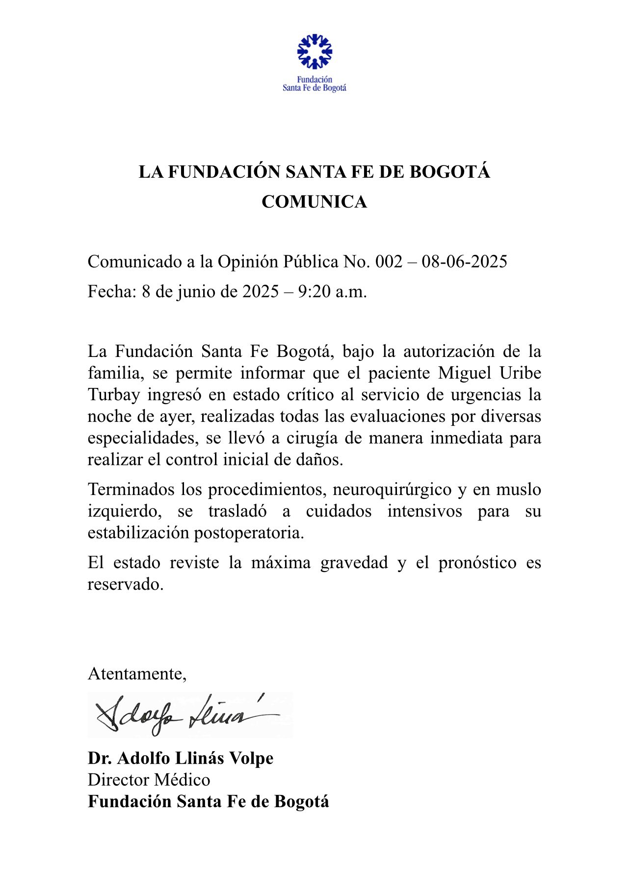 Estado de salud del senador Miguel Uribe Turbay "reviste la máxima gravedad": Fundación Santa Fe 4