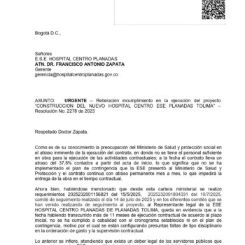Construcción de nuevo hospital de Planadas tiene un retraso del 37,8% 5