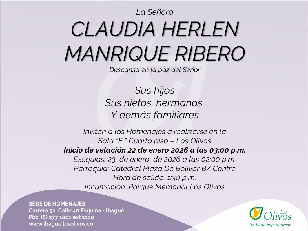 Este viernes se realizarán las exequias de la abogada Claudia Manrique en Ibagué 2