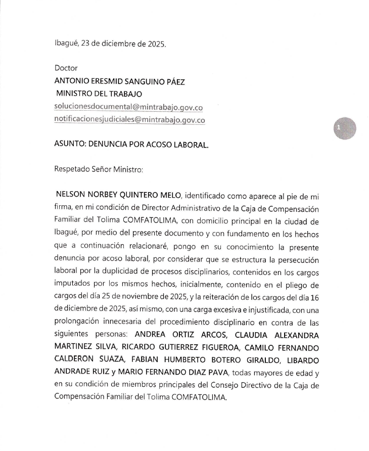 Salida del director de Comfatolima desata debate jurídico y político por denuncia de acoso laboral 3