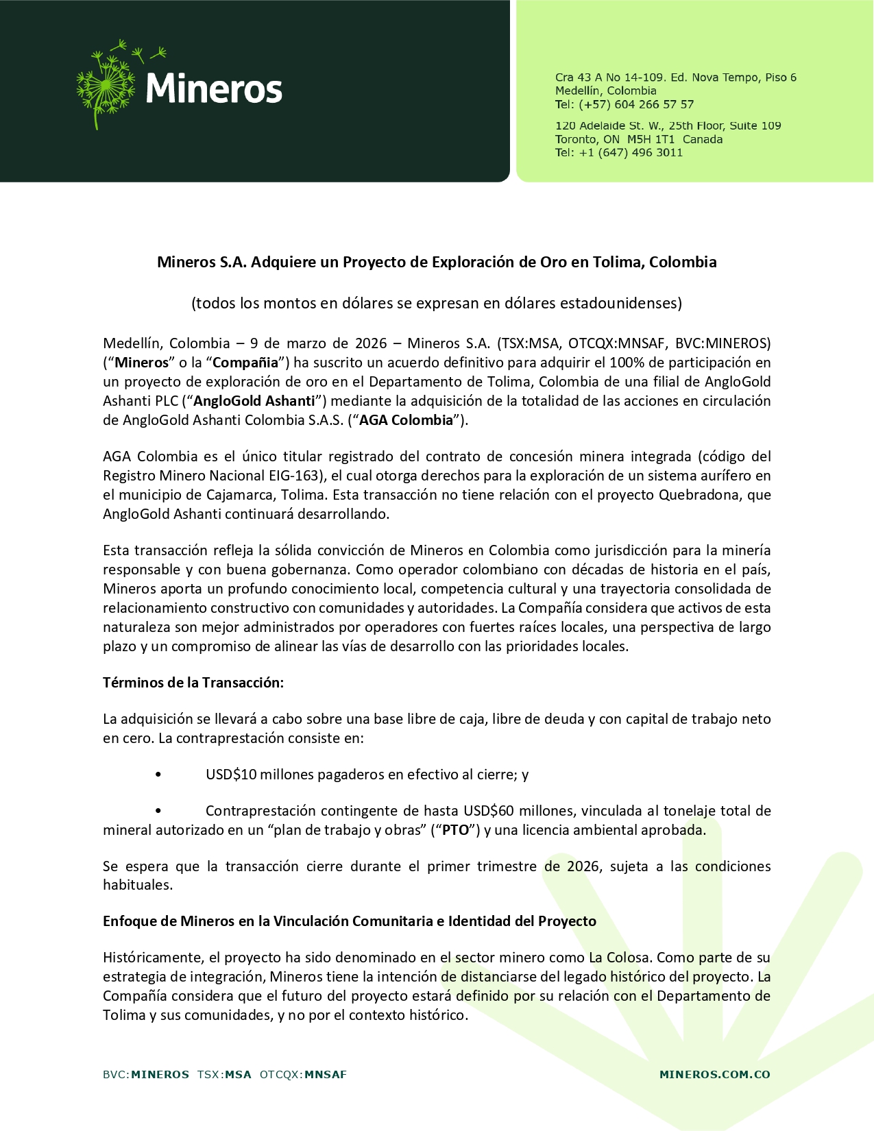 La Colosa vuelve al centro del debate: Mineros S.A. compra el proyecto por USD 70 millones y revive tensión minera en Cajamarca 2