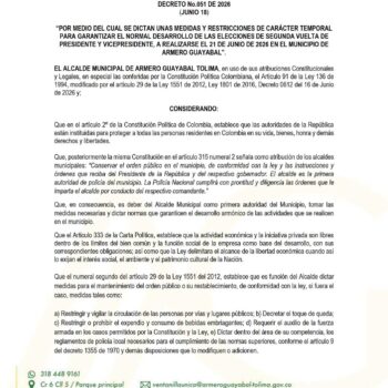 Armero Guayabal decreta Ley Seca y restricciones para segunda vuelta presidencial 5