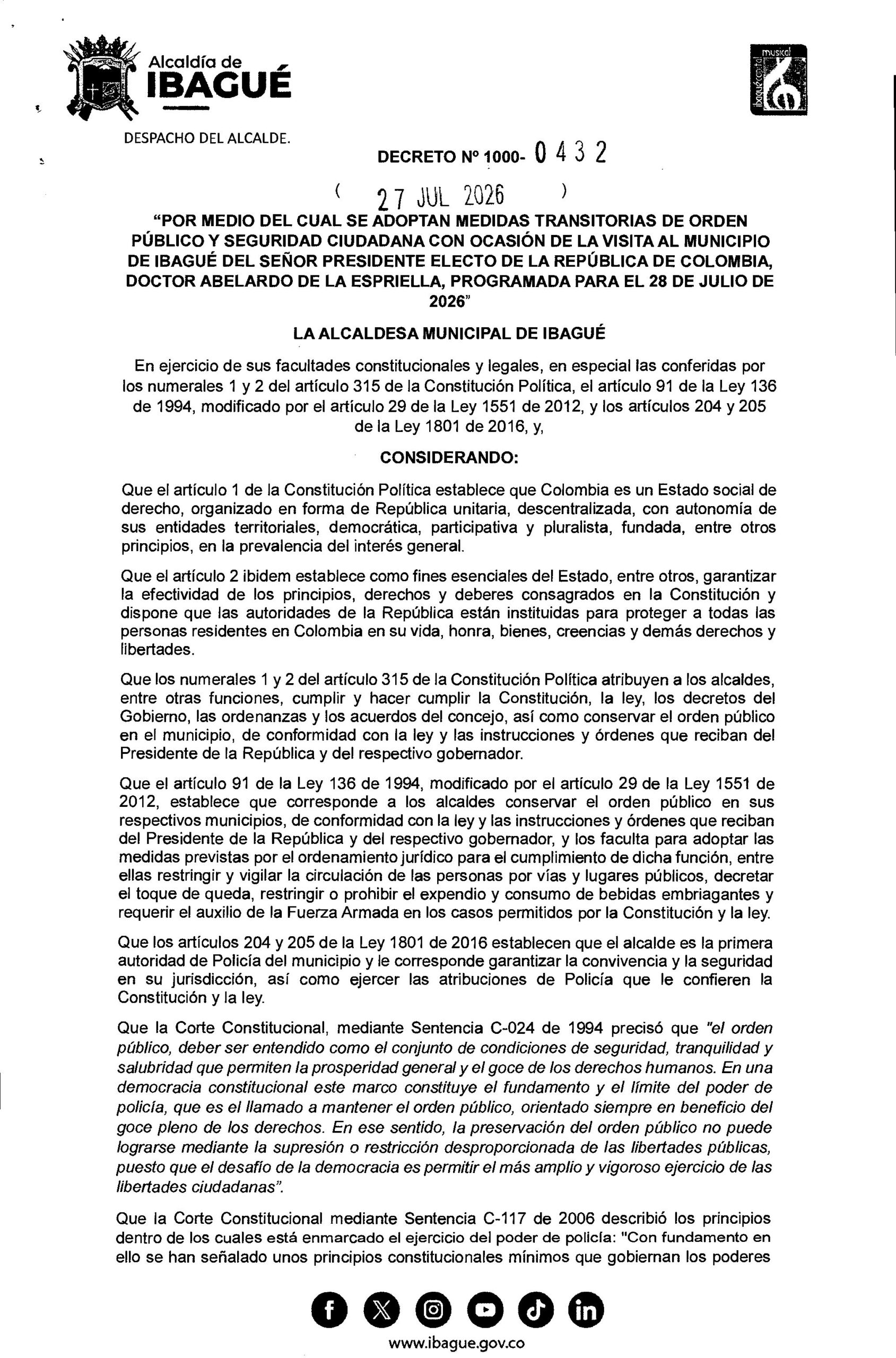 Ibagué se blinda por visita del presidente electo Abelardo de la Espriella: estas son las restricciones que regirán durante 24 horas 2