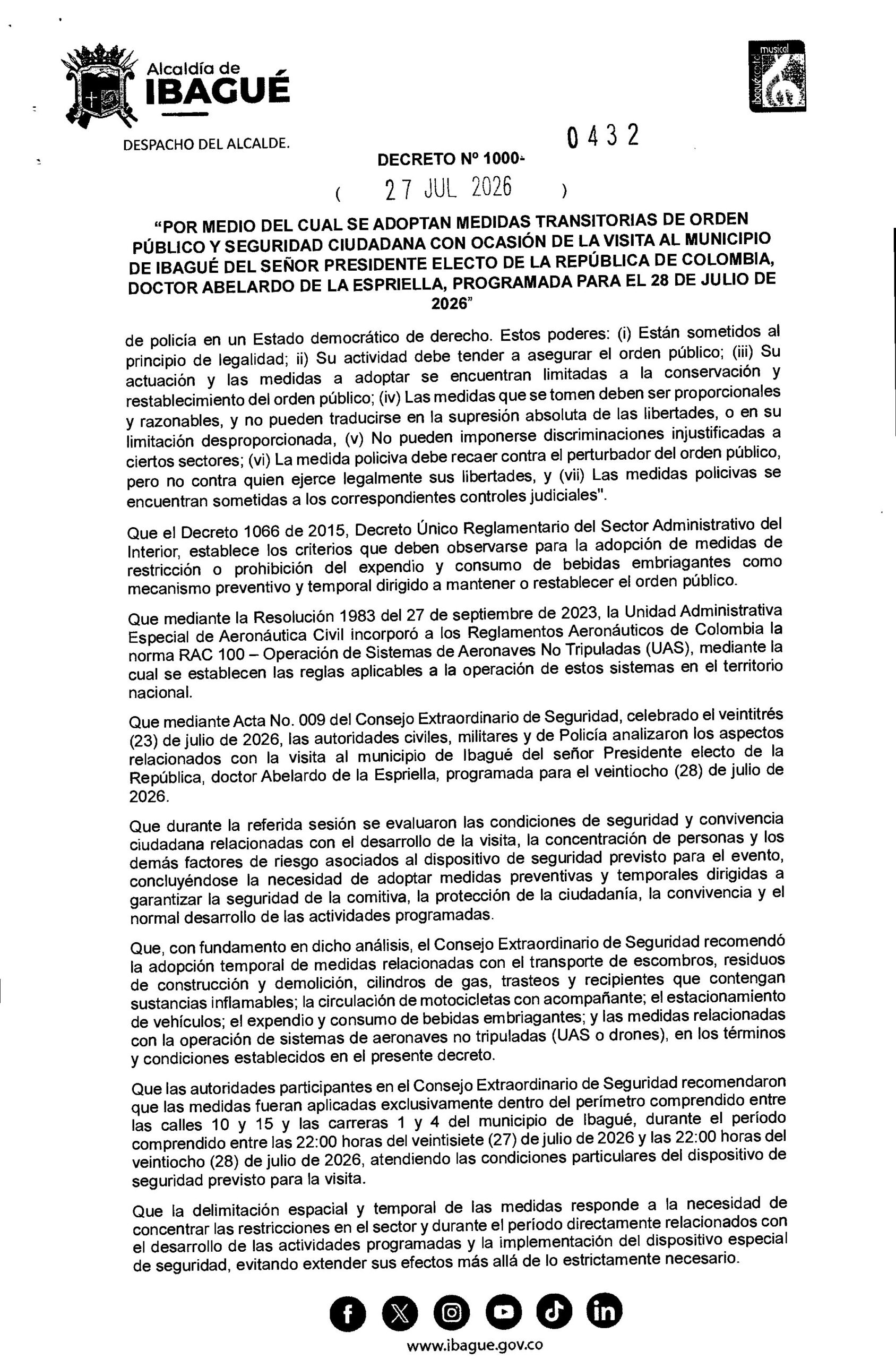 Ibagué se blinda por visita del presidente electo Abelardo de la Espriella: estas son las restricciones que regirán durante 24 horas 3