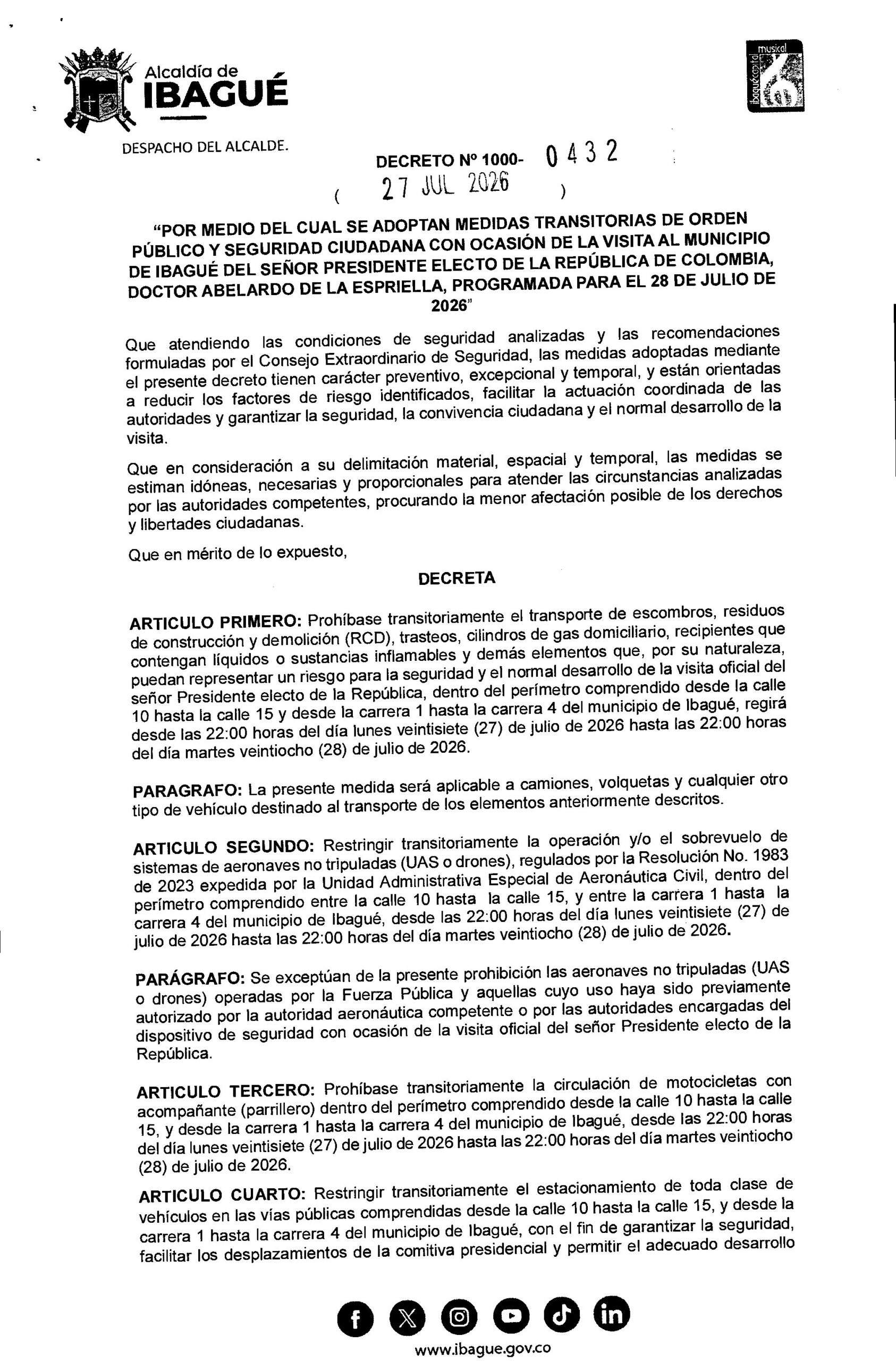 Ibagué se blinda por visita del presidente electo Abelardo de la Espriella: estas son las restricciones que regirán durante 24 horas 4