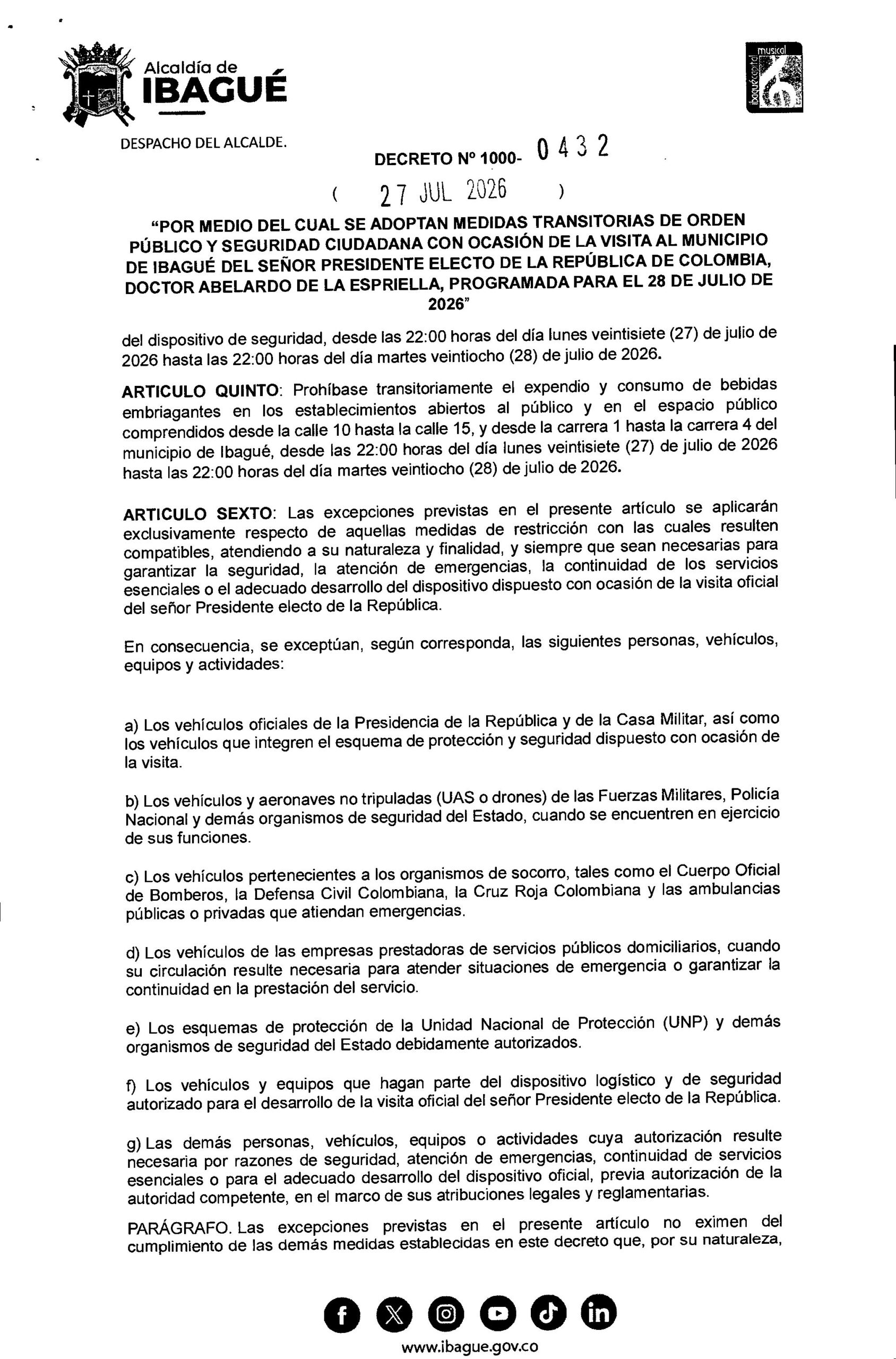 Ibagué se blinda por visita del presidente electo Abelardo de la Espriella: estas son las restricciones que regirán durante 24 horas 5