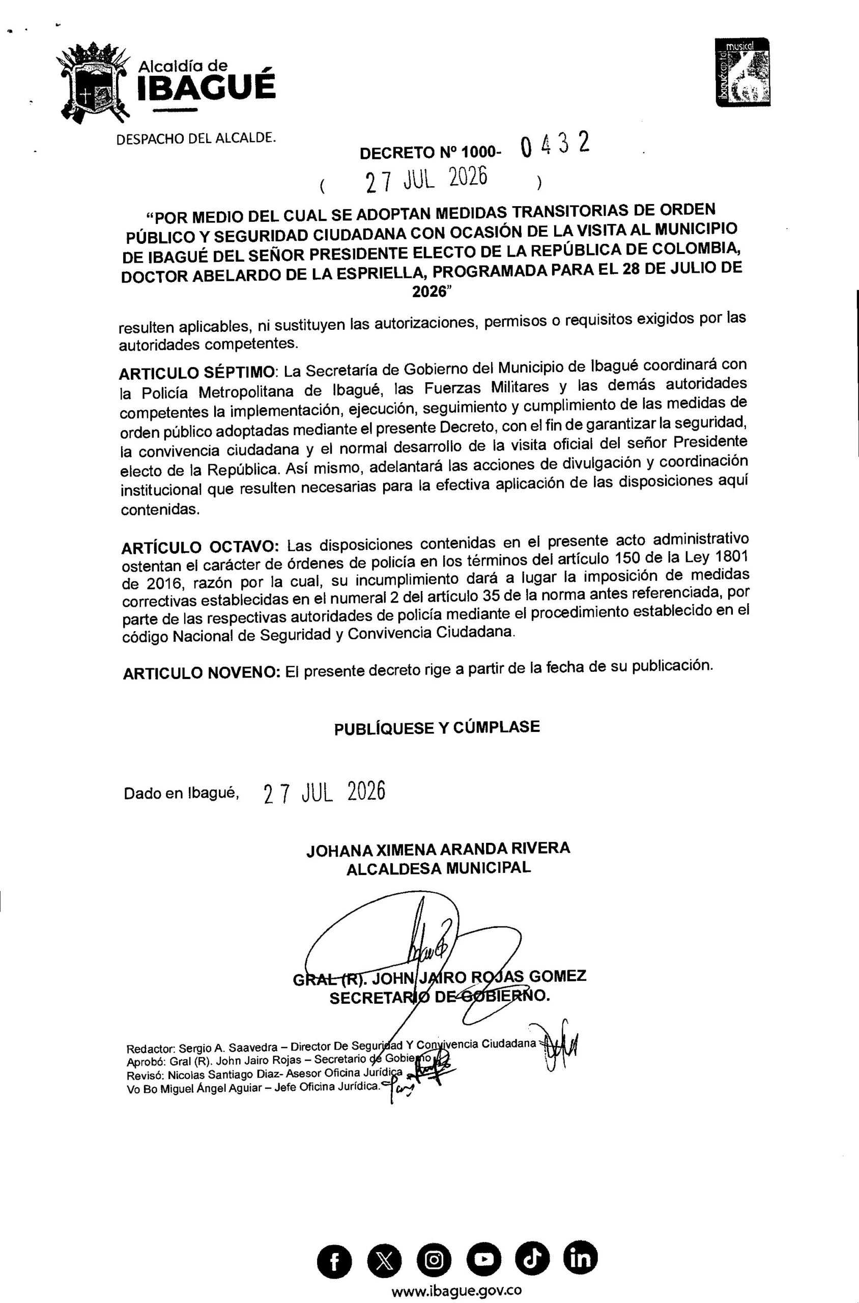 Ibagué se blinda por visita del presidente electo Abelardo de la Espriella: estas son las restricciones que regirán durante 24 horas 6