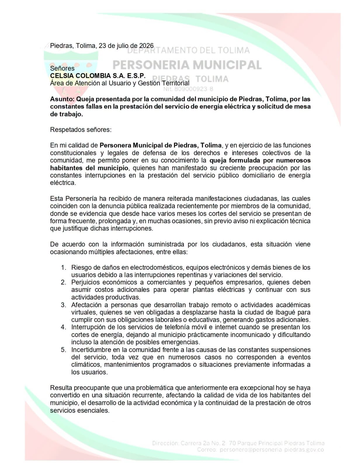 Personería de Piedras exige respuestas a Celsia por constantes apagones 2