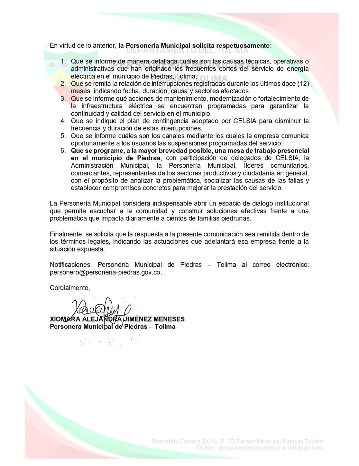 Personería de Piedras exige respuestas a Celsia por constantes apagones 3