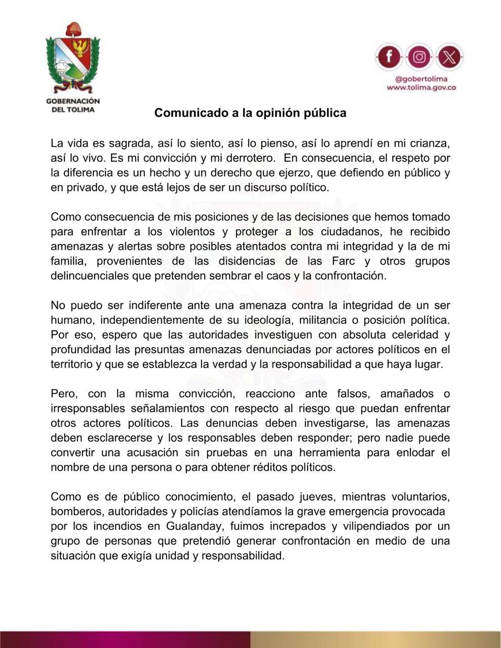 Gobernadora del Tolima denuncia amenazas de muerte de disidencias de las Farc 2