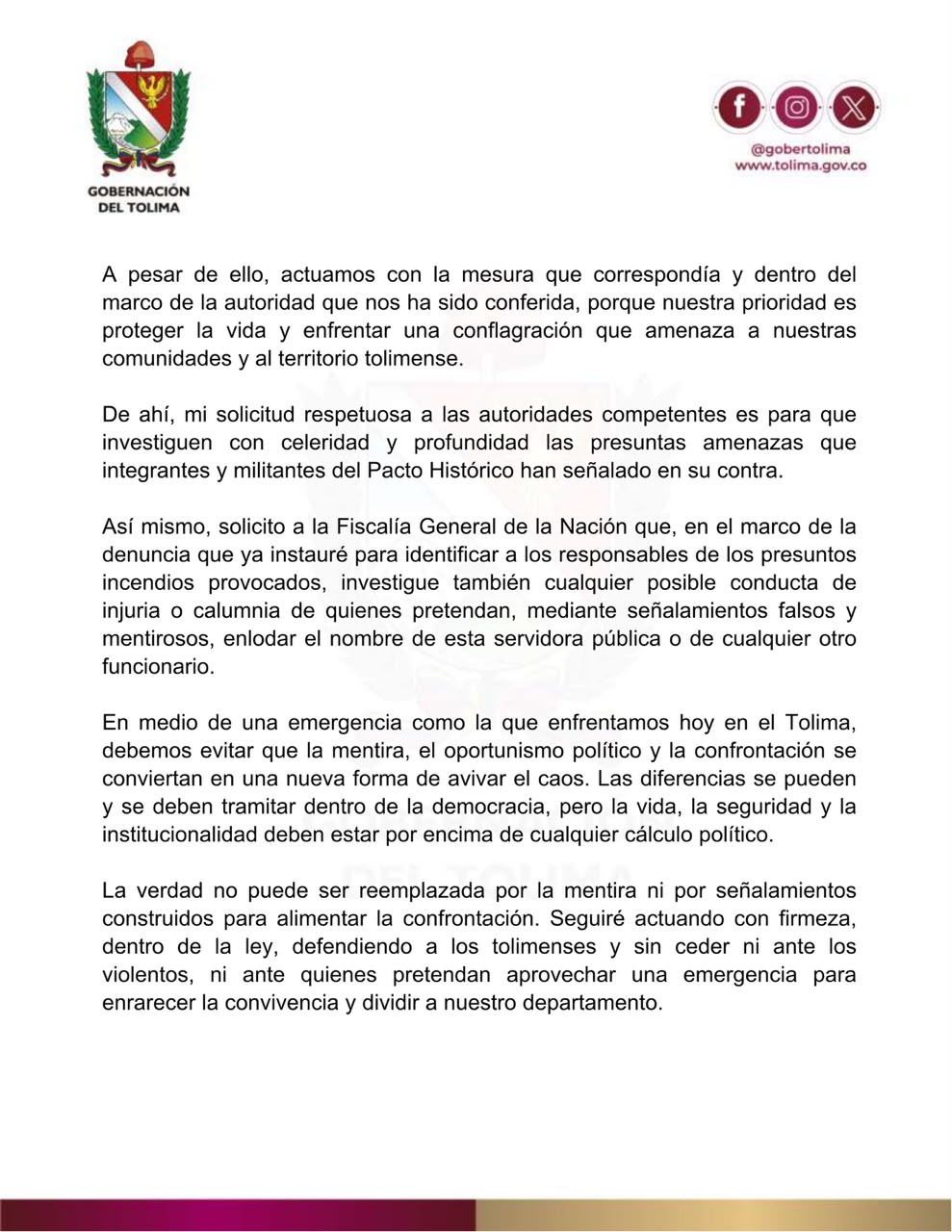 Gobernadora del Tolima denuncia amenazas de muerte de disidencias de las Farc 3