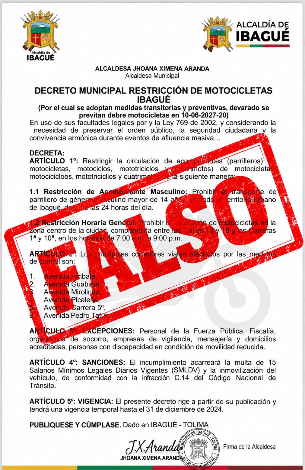 ¡Ojo! Es falso el decreto que anuncia restricciones a motos y parrillero hombre en Ibagué 4